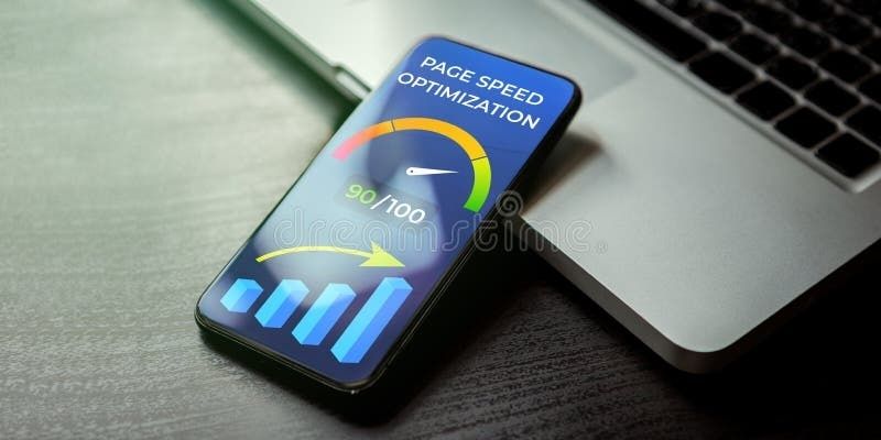 Smartphone med mätare för optimerad sidhastighet bredvid en laptop